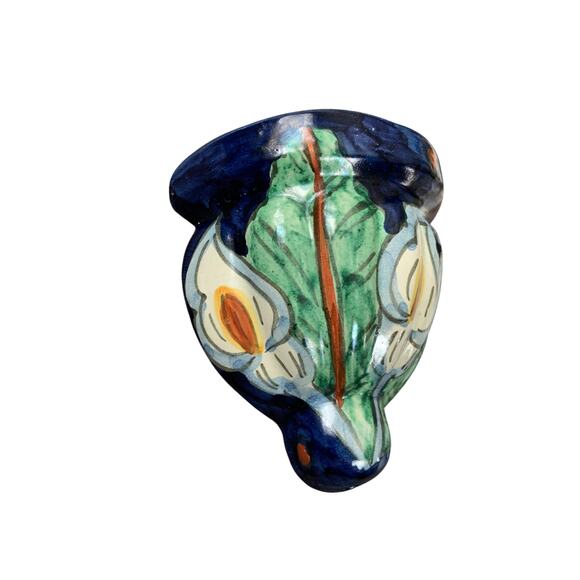 Talevera Hanging Wall Pocket Mexican Pottery Calla Lily Flowers & Cobalt Blue - Picture 3 of 5